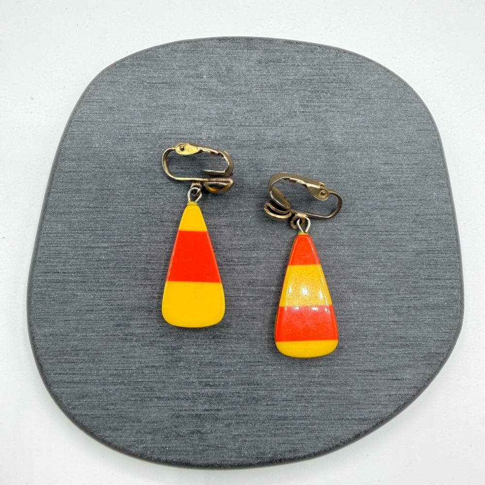 Orange Yellow Striped Drop Earrings Clip On Mod Retro Geometric Dangle 1970s
